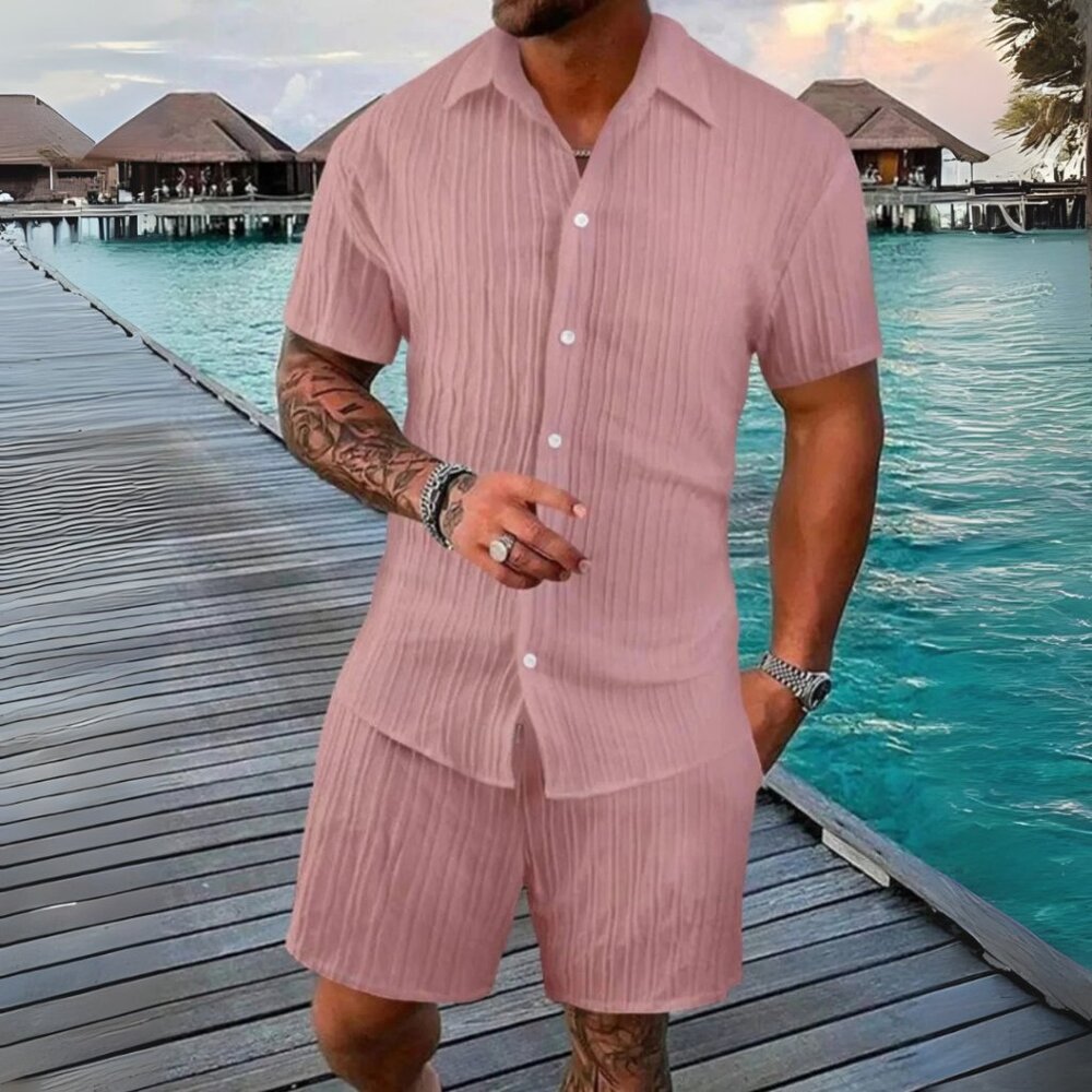 Men's Dusty Pink Button Down Short Sleeve Shirt & Shorts Resort Outfit